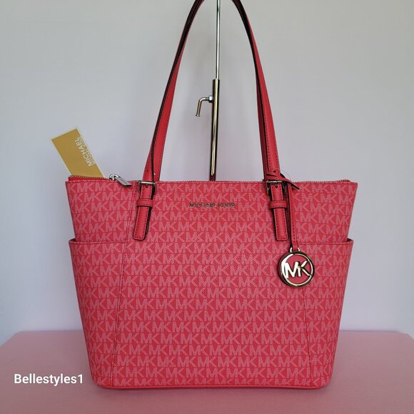 MICHAEL KORS Jet Set East West Top-Zip Signature Logo Tote Bag- Geranium color⭐ - Picture 2 of 16